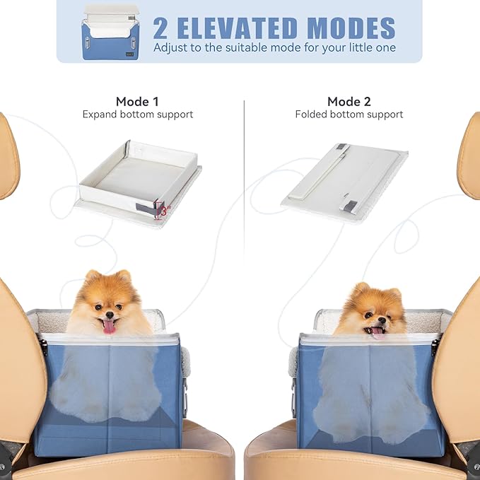 PETSFIT Small Dog Car Seat, Puppy Portable Dog Booster seat for Car with Clip-On Leash, Adjustable Straps Suitable for Small Pets Up to 25lbs (Navy Blue)