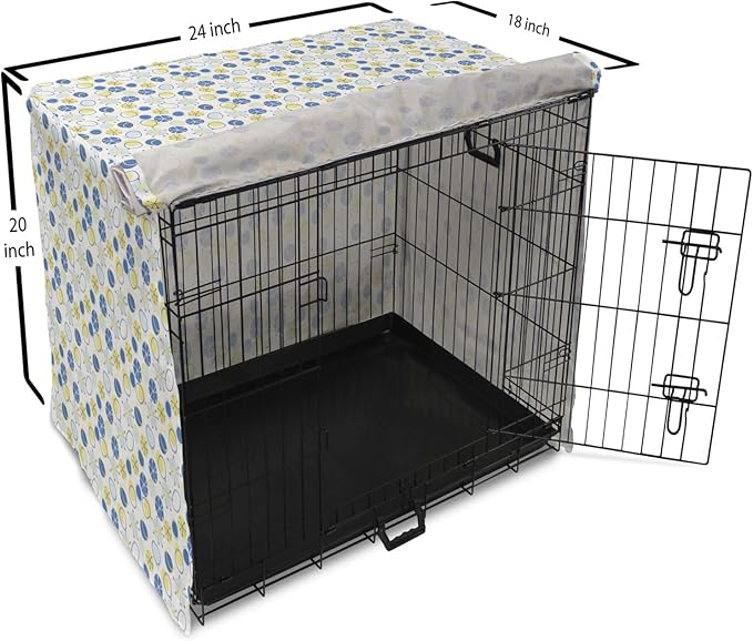 Lunarable Yellow and Blue Dog Crate Cover, Random Doodle Circles Abstract Floral Pattern, Easy to Use Pet Kennel Cover for Cats & Medium Dogs, 24 Inch, Pale Yellow Pale Blue