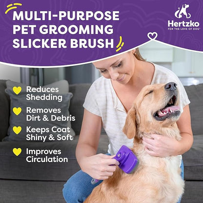 Hertzko Self Cleaning Slicker Brush for Dogs and Cats - Pet Hair Brush for Shedding Long and Short Hair - Grooming Brush with Easy Clean Retractable Bristles - Cat and Dog Grooming Tool - Purple