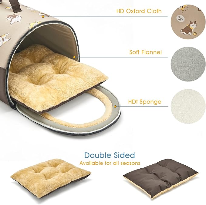 Jiupety Indoor Dog House, 2 in 1 Portable Foldable House Bed with Cover, Pet Tent & Cave Bed for Small Medium Dog, L(24"×18"×18"), Up to 20 Lb, Brown