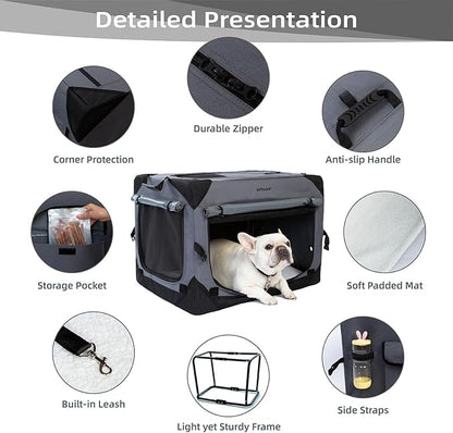 Pettycare 42 Inch Collapsible Dog Crate with Curtains Travel Dog Crate for Airflow and Calm Soft Pet Kennel with Portable Bag and More Chew Proof Mesh Indoor & Outdoor Grey 4 Door Curtains