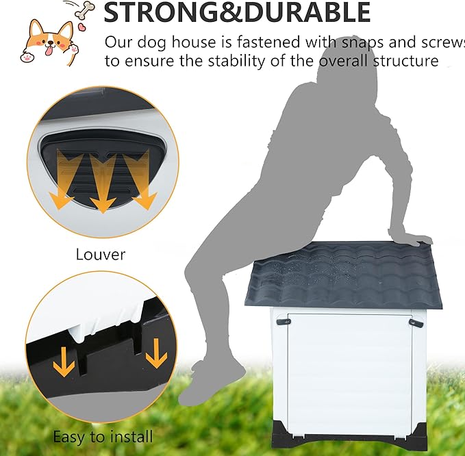 FDW Dog House Indoor Outdoor Durable House with Weatherproof Pet Plastic Dog House for Dogs Cats with Air Vents and Elevated Floor
