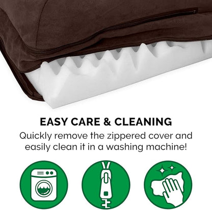 Furhaven Orthopedic Dog Bed for Large/Medium Dogs w/ Removable Bolsters & Washable Cover, For Dogs Up to 55 lbs - Two-Tone Plush Faux Fur & Suede L Shaped Chaise - Espresso, Large