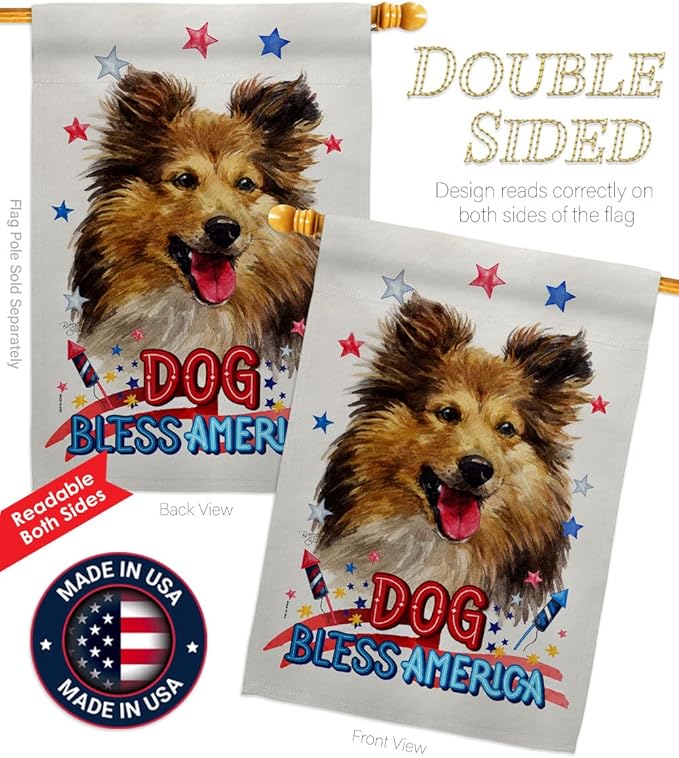 Breeze Decor Patriotic Shetland Sheepdog House Flag Pack Dog Puppy Spoiled Paw Canine Fur Pet Nature Farm Animal Creature Vintage Applique Banner Small Garden Yard Gift Double-Sided, Made in USA