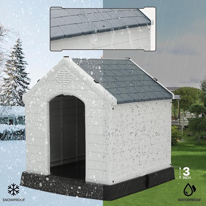 MoNiBloom Outdoor Dog House, Durable Dog Housess Indoor, Plastic Insulated Water Resistant Puppy Shelter for Small Medium Dogs, Dark Gray