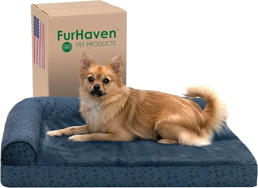 Furhaven Memory Foam Dog Bed for Medium/Small Dogs w/ Removable Bolsters & Washable Cover, For Dogs Up to 35 lbs - Plush & Almond Print L Shaped Chaise - Blue Almonds, Medium