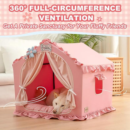 Jiupety Indoor Dog House with Frame, Cute Dog Tent Bed with Cover Cave, Breathable, Washable, and Foldable House, Suitable for 20-40 Lb, Large (25"×25"×25"), Pink