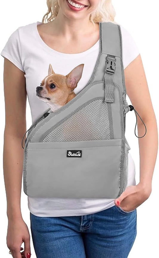 Lukovee Dog Slings for Small Dogs, Hard Bottom Support & Adjustable Soft Padded Shoudler Strap Dog Sling Carrier, Dog Purse with Button Closure & Zipper Pockets (for Pets up to 6 lbs, Grey)