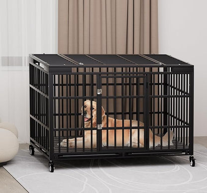 54 Inch Heavy Duty Dog Crate with Wheels，Indestructible Escape-Proof Dog Cage for Large Dogs, Extra Large XL XXL Indestructible Dog Crate with Removable Tray.