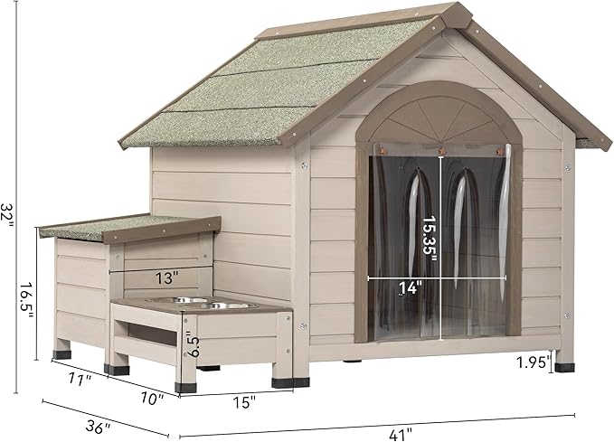 Dog House Outside, Wood Dog House Outdoor with Feeding Area and Door Curtain Open Roof Doghouse for Medium Small Dogs-Cream
