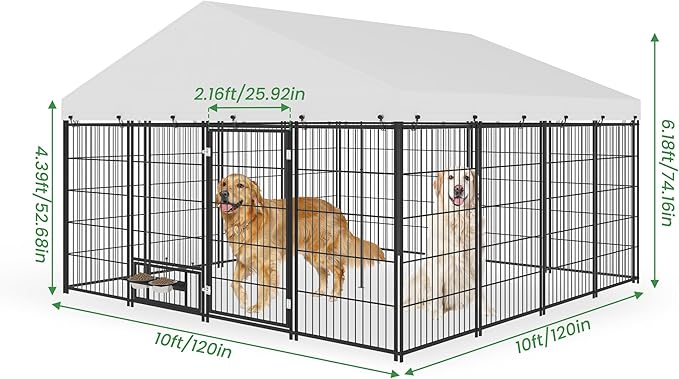 Outdoor Large Dog Kennel - 10 x 10 Covered Dog Kennels with Feeding Door and Double Lock, Welded Wire Dog Kennel, XL Outside Dog Cage for Large Dogs