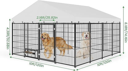 Outdoor Large Dog Kennel - 10 x 10 Covered Dog Kennels with Feeding Door and Double Lock, Welded Wire Dog Kennel, XL Outside Dog Cage for Large Dogs