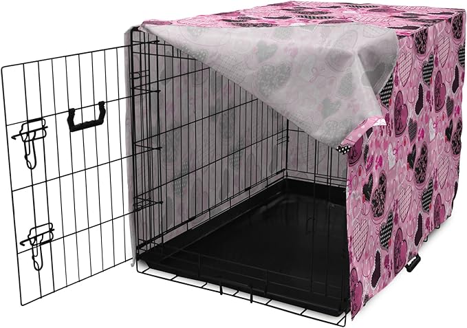 Lunarable Hearts Dog Crate Cover, Sewing Themed Love with Polka Dots Valentine's Day Inspired Image, Easy to Use Pet Kennel Cover for Medium Large Dogs, 42 Inch, Pink Black White