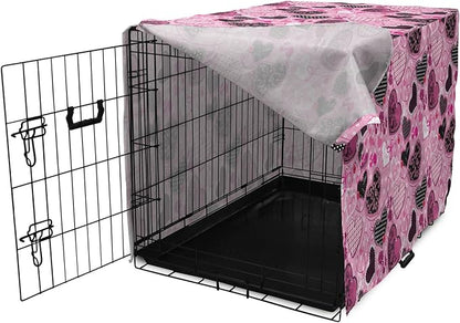 Lunarable Hearts Dog Crate Cover, Sewing Themed Love with Polka Dots Valentine's Day Inspired Image, Easy to Use Pet Kennel Cover for Medium Large Dogs, 36 Inch, Pink Black White