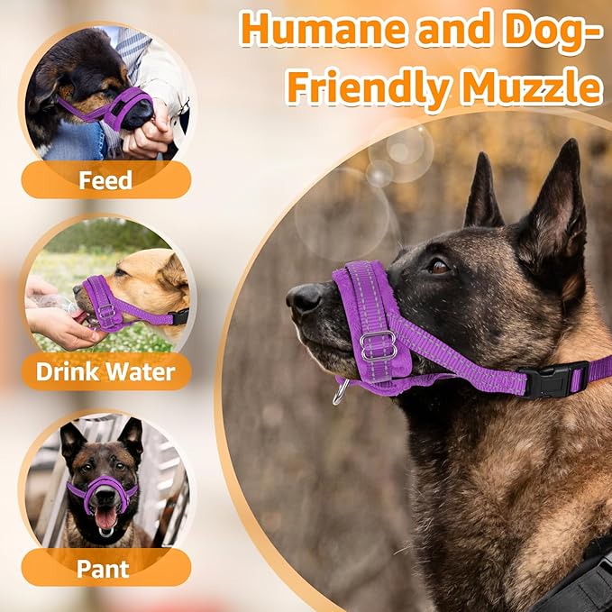 SlowTon Soft Dog Muzzle, Adjustable Padded Nylon Muzzle for Large Medium Dogs Anti Chewing Barking Biting, Allow Dog Pant & Drink (Purple, S)