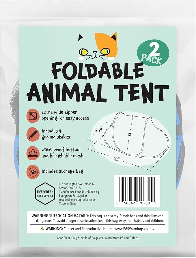 Evergreen Pet Supplies [2 Pack] Extra Large Animal Play Tent for Cats, Dogs, Lizards & Other Small Animals - Pet Enclosures w/Stakes & Carry Bag - Portable - Pop Up Pet Playpen - Breathable Mesh Tent