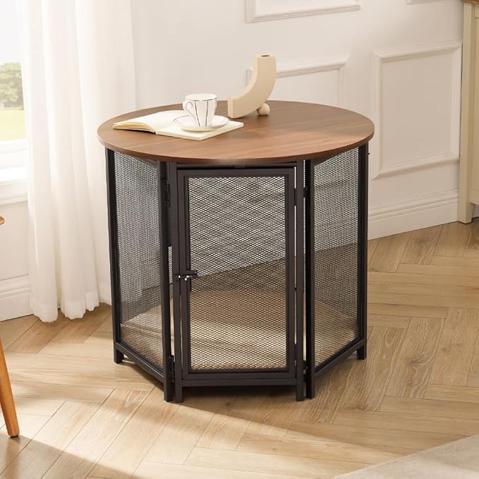 beeNbkks Hexagon Dog Crate Furniture for Small Dogs with Removable Cushion, Walnut Finish Pet Furniture, Stylish Functional Dog Crate End Table, Removable Washable Cushion Cover, Ideal for Home Décor