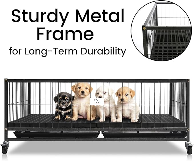 Homey Pet 43" Dog Whelping Box for Puppies, Heavy Duty Metal Whelping Box for Small Breed Dogs with Washable Plastic Floor, Removable Tray and Four Lockable Wheels