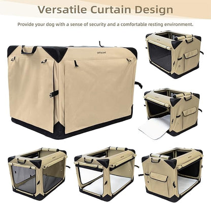 Pettycare 42 Inch Collapsible Dog Crate with Curtains Travel Dog Crate for Airflow and Calm Soft Pet Kennel with Portable Bag and More Chew Proof Mesh Indoor & Outdoor Beige 4 Door Curtains