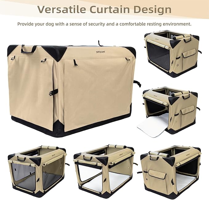 Pettycare 26 Inch Collapsible Dog Crate with Curtains Travel Dog Crate for Airflow and Calm Soft Pet Kennel with Portable Bag and More Chew Proof Mesh Indoor & Outdoor Beige 4 Door Curtains