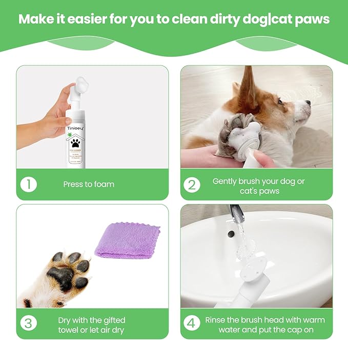 Foaming Paw Cleaner for Dogs and Cats (6.8 oz) | No-Rinse Dandelion Cleanser with Brush and Absorbent Towel (Fragrance Free)