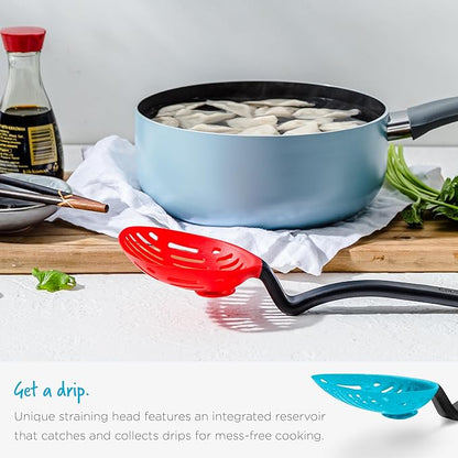 Dreamfarm Lestrain 2-in-1 Drip-Catching Sit-Up Slotted Cooking Spoon Scoop & Strainer - 11" Black