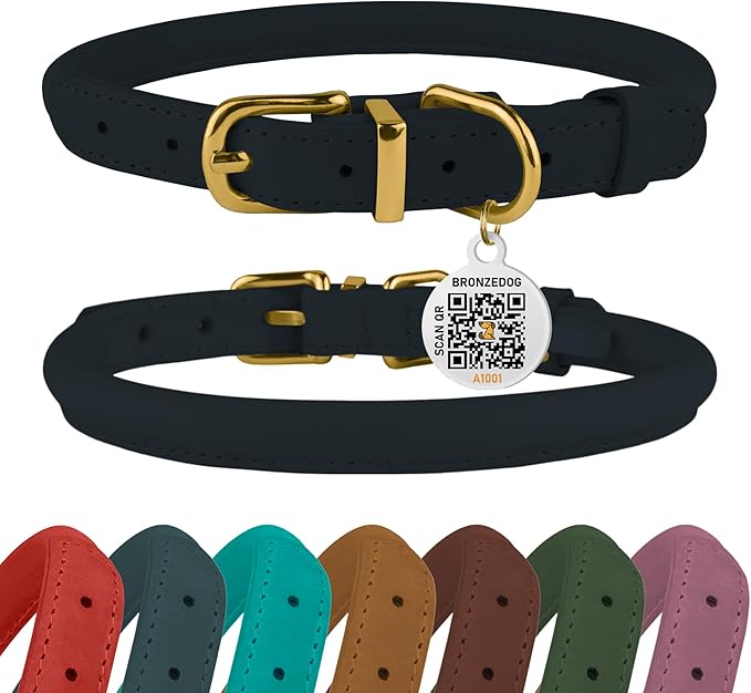 BRONZEDOG Rolled Leather Dog Collar with QR ID Tag Adjustable Soft Round Collars for Small Medium Large Dogs Puppy Cat (7" - 10" Neck Size, Dark Blue)