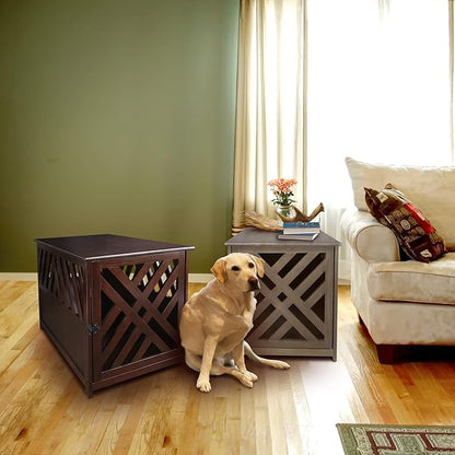 Casual Home Modern Lattice Wooden Pet Crate End Table - Espresso, Lockable, Spacious, Comfortable, Dog