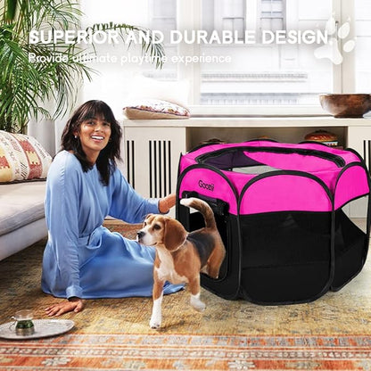 Portable Dog Playpen for Small Dogs Indoor Outdoor, Foldable Pet Puppy Playpens Kennel Tent with Top Cover Door for House Cat Kitty for Dog Lover as (Medium Size, Pink)