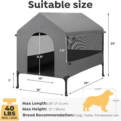 Veehoo 29" Dog House, 2-in-1 Small Dog House Outdoor Indoor Weatherproof, Outside Elevated Dog Cot Bed Dog Tent Shade, Three-Sided Breathable Mesh Windows and Sunshades, CWC2435CP