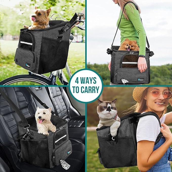 PetAmi Dog Bike Basket, Soft-Sided Ventilated Dog Bike Carrier Backpack, Dog Pet Bicycle Basket for Bike Handlebar, Small Medium Puppy Cat Kitten Car Booster Seat with Safety Strap