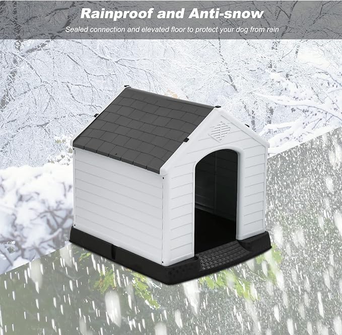 FDW Dog House Indoor Outdoor Durable Ventilate Waterproof Pet Plastic Dog House for Small Medium Large Dogs Insulated Puppy Shelter Kennel Crate with Air Vents and Elevated Floor