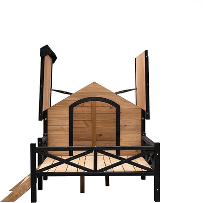 Outdoor Wooden Cabin House Style Wooden Dog Kennel with Porch Outdoor Dog House Weatherproof Dog Kennel for Medium/Small Dogs Brown