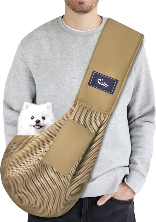 CUBY Dog and Cat Sling Carrier, Hands Free Reversible Pet Papoose Bag, Soft Pouch Adjustable, Suitable for Puppy Cats for Outdoor Travel (Khaki Mesh, one Size mesh)