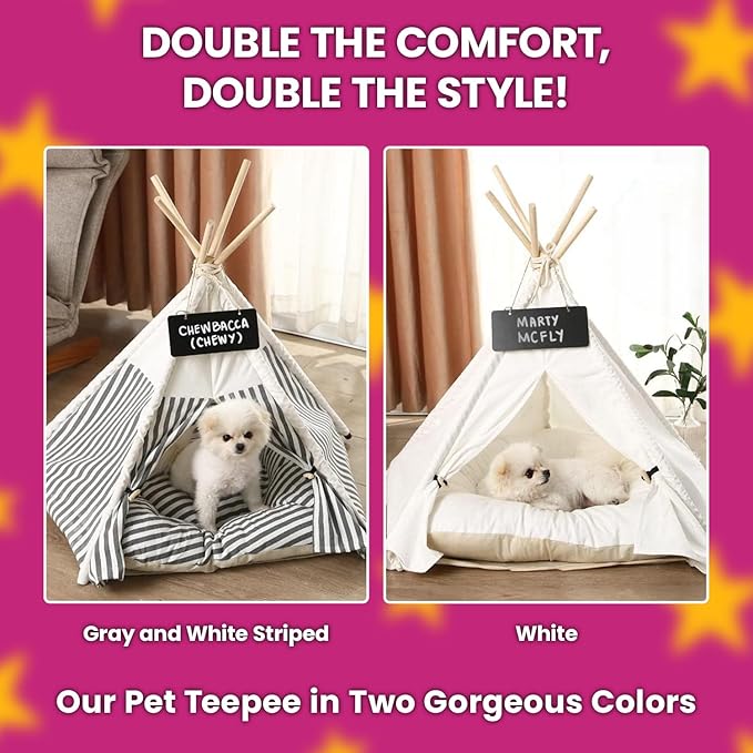 Dog Teepee Cozy Retreat, Portable Pet Tent for Small Dogs with Soft Cushion, Easy to Clean Canvas Pet House, 27.5 x 23.6 inches, Foldable Grey and White Striped