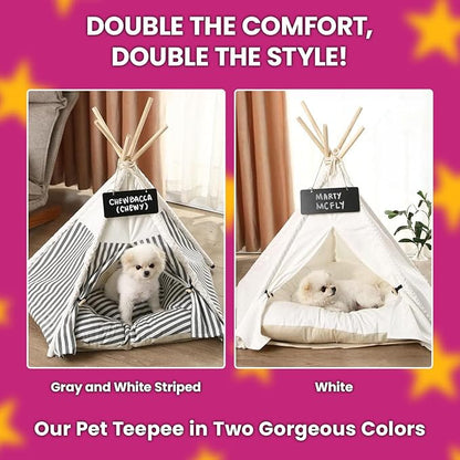 Dog Teepee Cozy Retreat, Portable Pet Tent for Small Dogs with Soft Cushion, Easy to Clean Canvas Pet House, 27.5 x 23.6 inches, Foldable Grey and White Striped