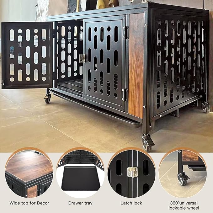 Furniture Dog Crate, Heavy Duty Dog Crate Indoor with 4 Lockable Wheels and Drawer Tray Large Dog Crate Kennel for Large Medium Small Dogs Black One Size