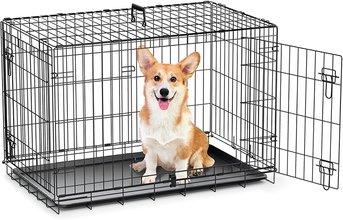 MoNiBloom 24/30/36/42/48 Dog Crates, Foldable Metal Wire Dog Cage with Double-Door, Outdoor Indoor Pet Kennels, Includes Leak-Proof Pan, Divider Panel, Black, 36"