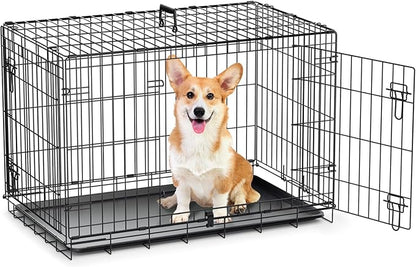MoNiBloom 24/30/36/42/48 Dog Crates, Foldable Metal Wire Dog Cage with Double-Door, Outdoor Indoor Pet Kennels, Includes Leak-Proof Pan, Divider Panel, Black, 36"
