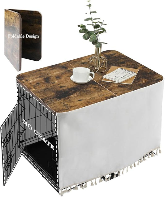 Dog Crate Topper Wood for 24 30 36 42 48 inch Cages, Table Foldable Dog Kennel Topper with Tassel Curtain, Rustic Style Top Rustic Brown(Dog Crate Not Include)
