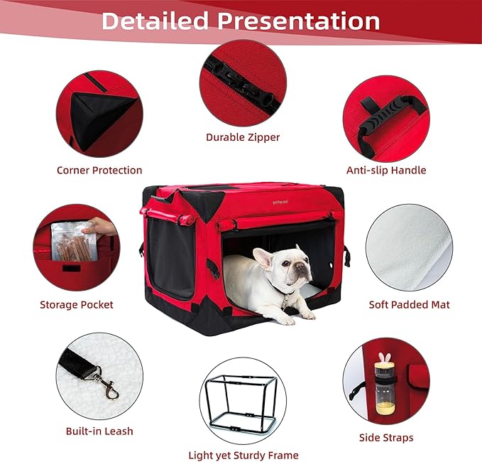 Pettycare 26 Inch Collapsible Dog Crate with Curtains Travel Dog Crate for Airflow and Calm Soft Pet Kennel with Portable Bag and More Chew Proof Mesh Indoor & Outdoor Red 4 Door Curtains