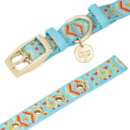 Blueberry Pet 3 Patterns Southwestern Magical Tribal Print Celeste Blue Adjustable Dog Collar with Metal Buckle, Neck 13-16.5", for Medium Breed