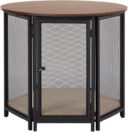 beeNbkks Hexagon Dog Crate Furniture for Small Dogs with Removable Cushion, Walnut Finish Pet Furniture, Stylish Functional Dog Crate End Table, Removable Washable Cushion Cover, Ideal for Home Décor