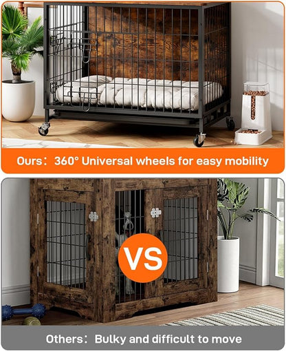 Dog Crate Furniture, 32.5" Wooden Dog Kennel Indoor, Double Doors Dog Cage with Removable Tray, Wheels, Large Dog Crate End Table for Medium/Large Dogs, Grey
