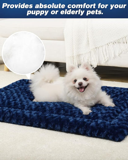 Washable Dog Bed Mat Reversible Dog Crate Pad Soft Fluffy Pet Kennel Beds Dog Sleeping Mattress for Large Jumbo Medium Small Dogs, 35 x 22 Inch, Blue
