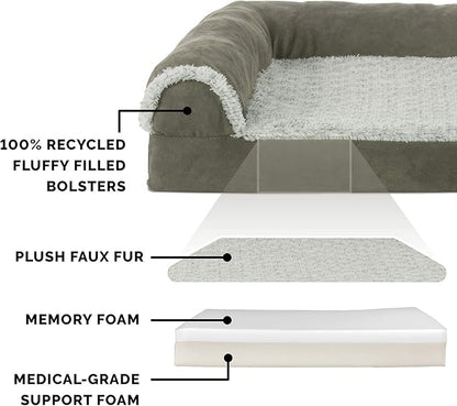 Furhaven Memory Foam Dog Bed for Large/Medium Dogs w/ Removable Bolsters & Washable Cover, For Dogs Up to 55 lbs - Two-Tone Plush Faux Fur & Suede L Shaped Chaise - Dark Sage, Large