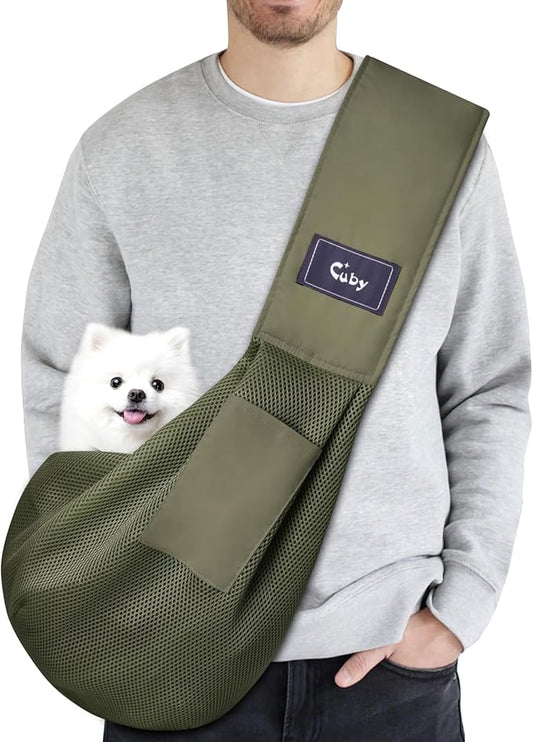 CUBY Dog and Cat Sling Carrier, Hands Free Reversible Pet Papoose Bag, Soft Pouch Adjustable, Suitable for Puppy Cats for Outdoor Travel (Green Mesh, one Size mesh)