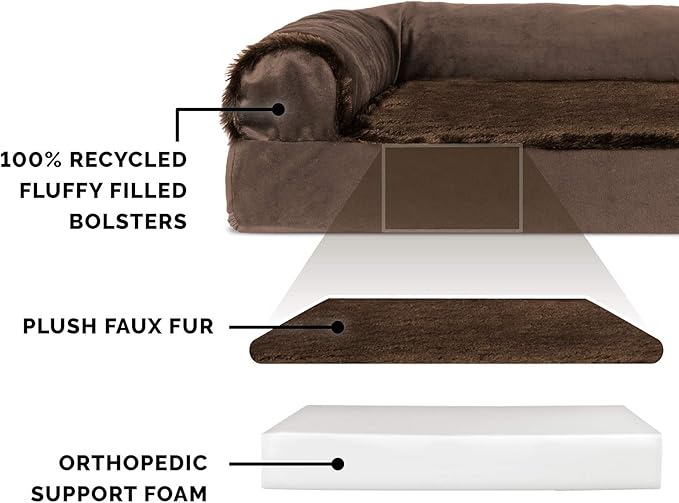 Furhaven Orthopedic Dog Bed for Large Dogs w/ Removable Bolsters & Washable Cover, For Dogs Up to 125 lbs - Plush & Velvet L Shaped Chaise - Sable Brown, Jumbo Plus/XXL
