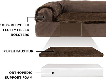 Furhaven Orthopedic Dog Bed for Large Dogs w/ Removable Bolsters & Washable Cover, For Dogs Up to 125 lbs - Plush & Velvet L Shaped Chaise - Sable Brown, Jumbo Plus/XXL