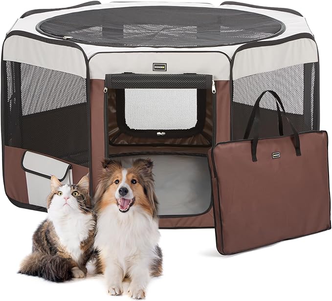 DONORO Dog Playpen 36" Portable Pet Play Pens for Small Dog/Cat/Rabbit/Chicks, Foldable Exercise Kennel Tent Crate Indoor/Outdoor Travel Camping, Removable Top/Bottom (Brown, Medium (36"x36"x20"), 8)